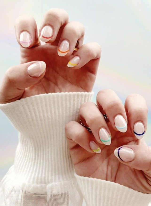 round almond clean nails minimalist rainbow design